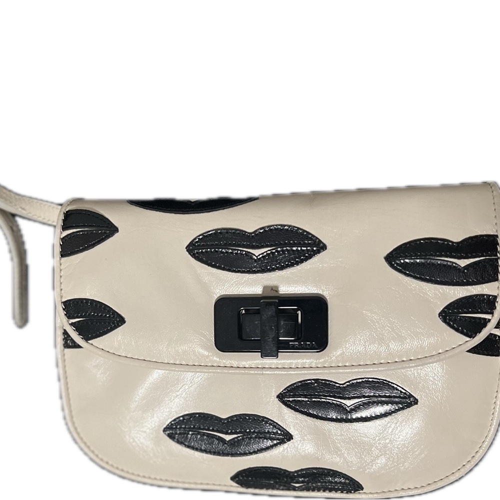 Prada Black and Cream Lips Madras Crossbody Bag - Picture 4 of 9